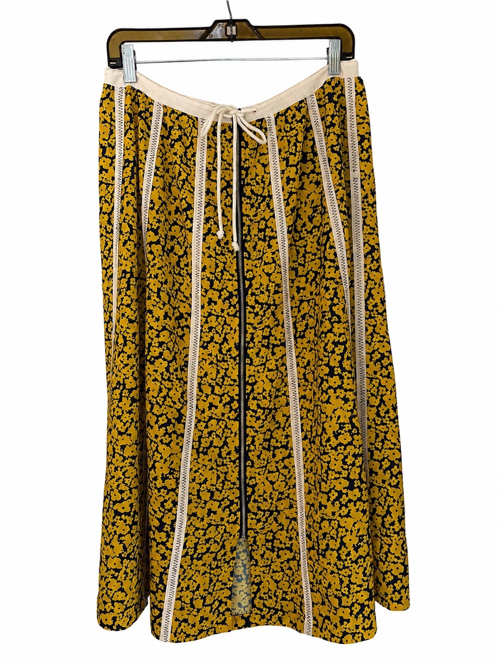 Derek Lam Midi Floral Skirt Yellow & Navy w White Trim Boho Chic Artsy Size 6
